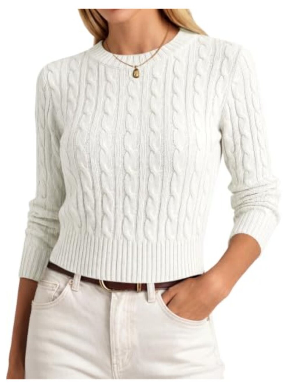 Women's Cable Knit Long Sleeve Cropped Sweater Pullover Slim Fit